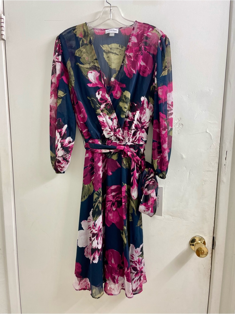Calvin Klein Navy Floral Wrap Dress with Magenta Blooms